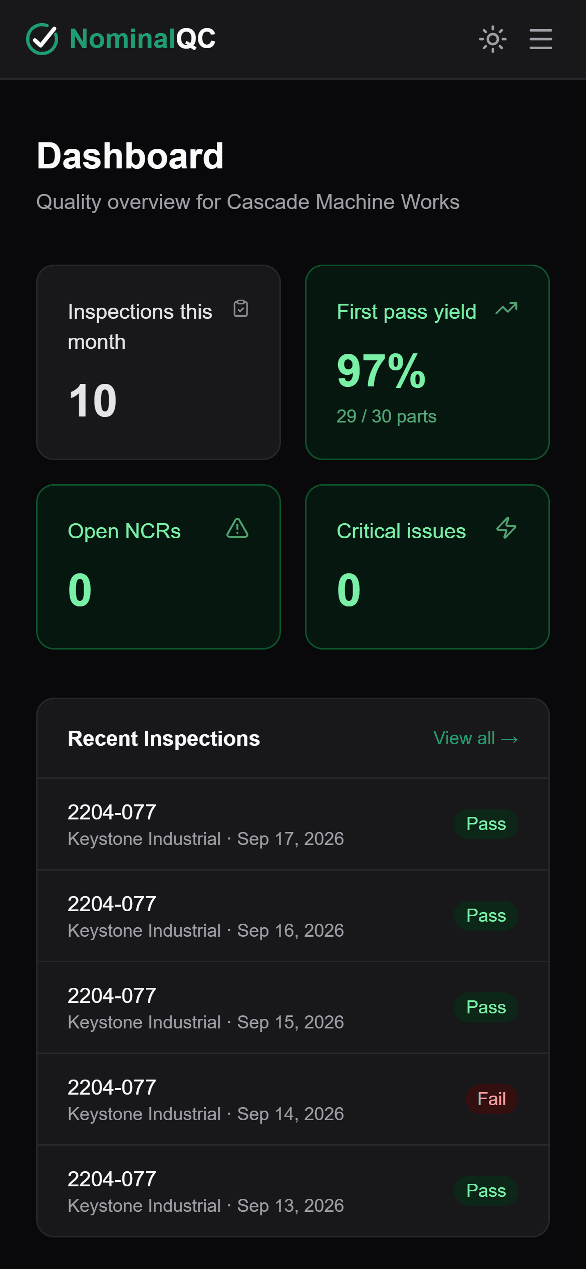 The same shop's dashboard on a phone: 10 inspections this month, 97% first pass yield, zero open NCRs, and recent inspections with pass and fail results