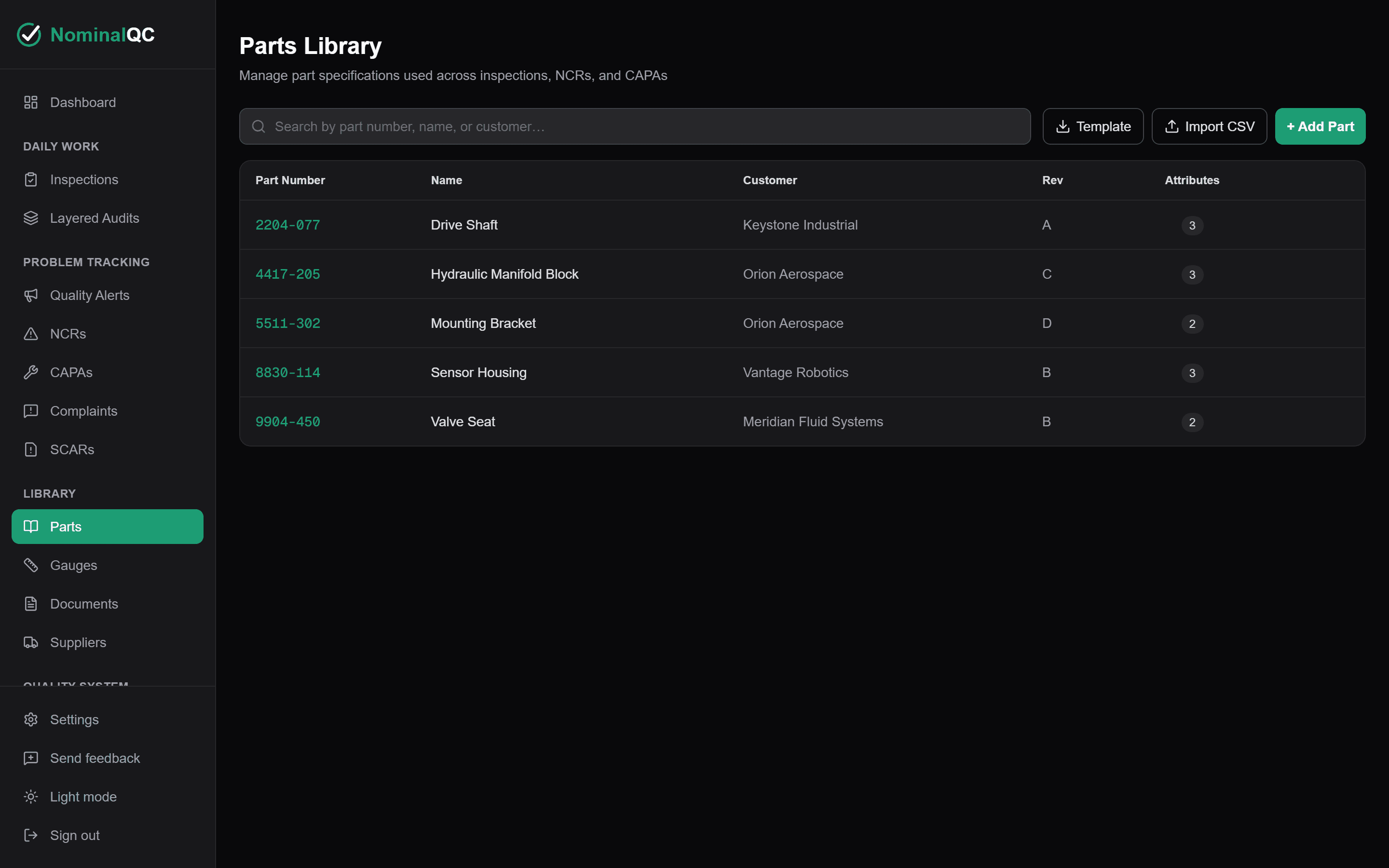 Parts Library screen listing parts with customers, revisions, and attributes