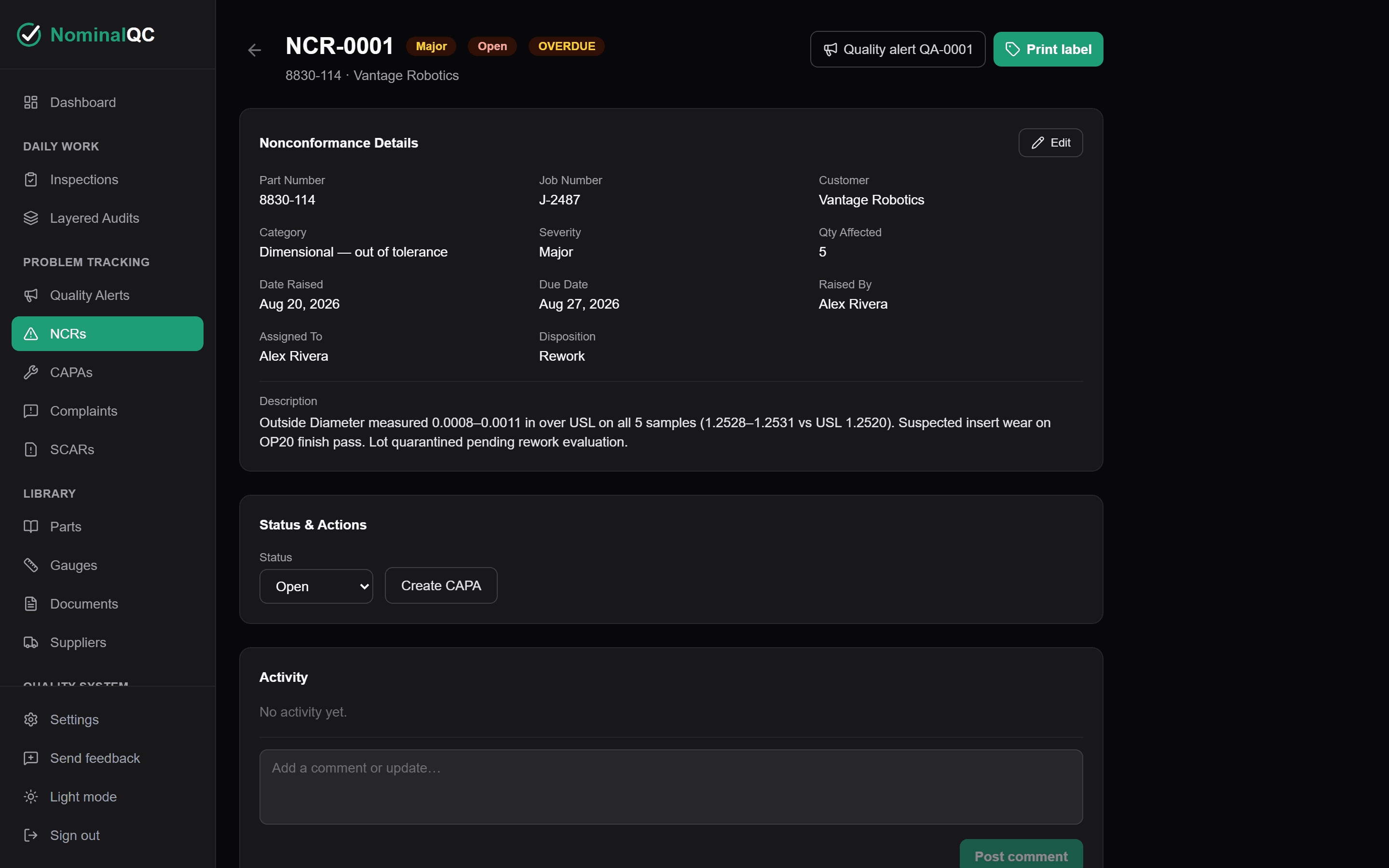 NCR detail screen with disposition, assignment, and activity log