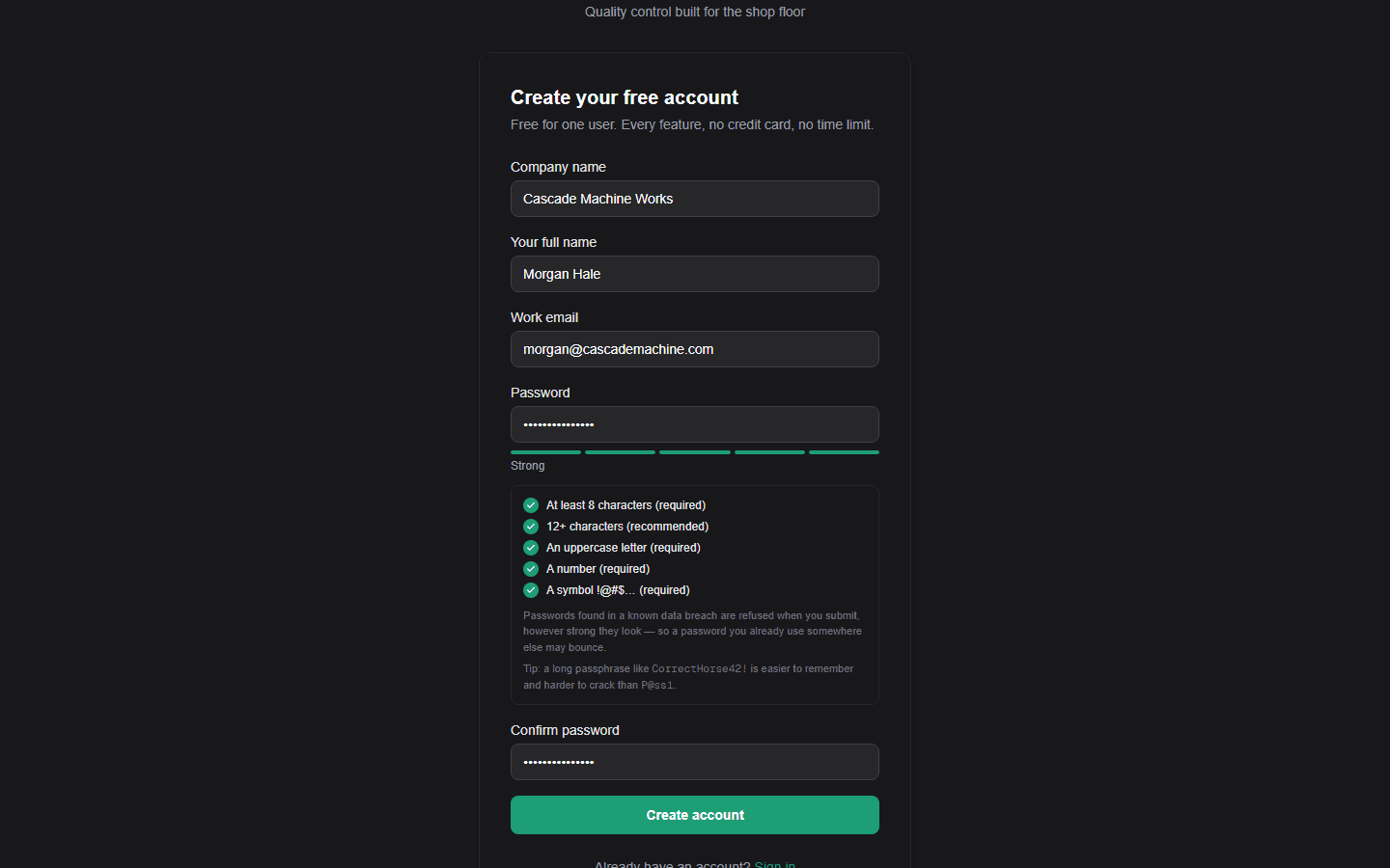 NominalQC signup form with company name, full name, email, and password fields