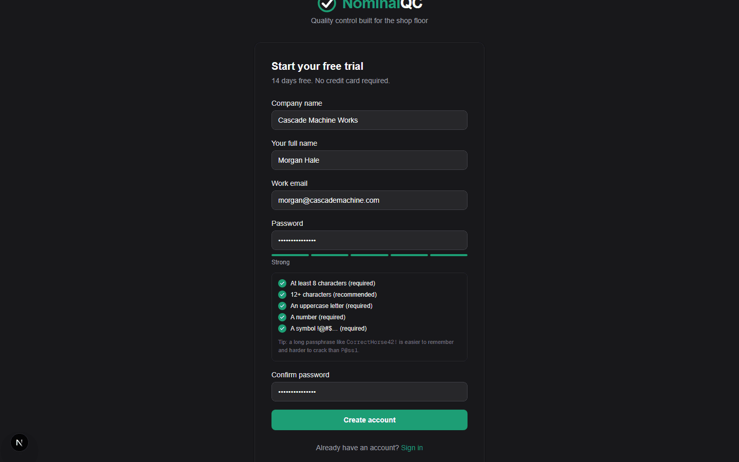 NominalQC signup form with company name, full name, email, and password fields