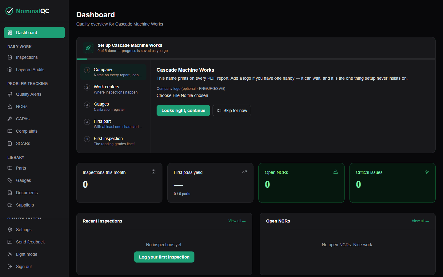 New NominalQC dashboard showing the Get set up checklist at zero of six complete
