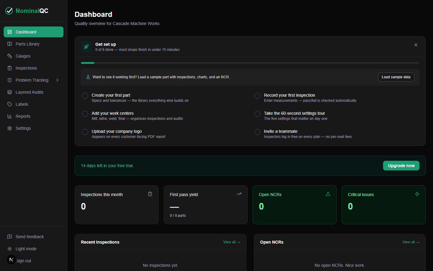 New NominalQC dashboard showing the Get set up checklist at zero of six complete