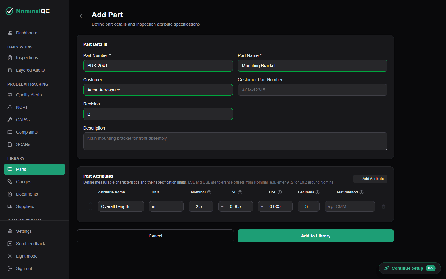 Add Part form with part details and an Overall Length attribute with nominal and tolerances