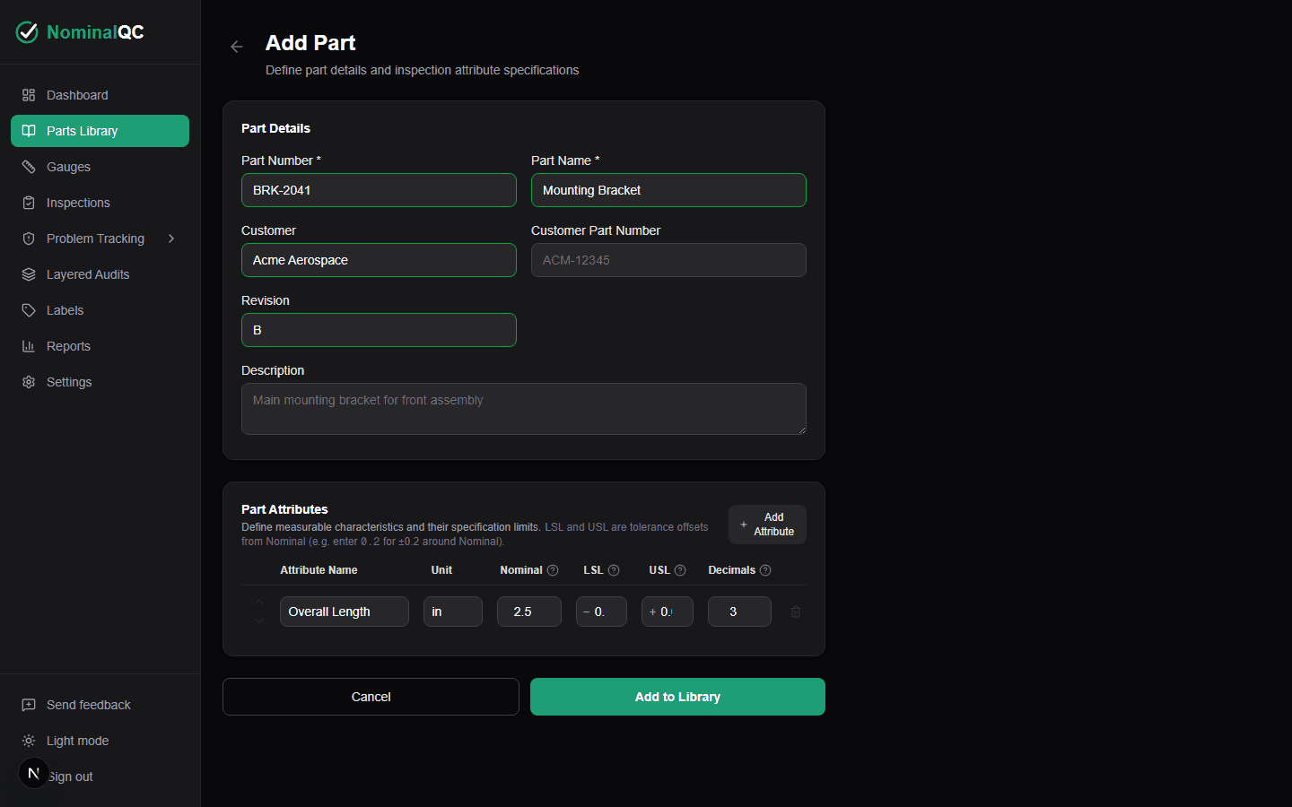Add Part form with part details and an Overall Length attribute with nominal and tolerances