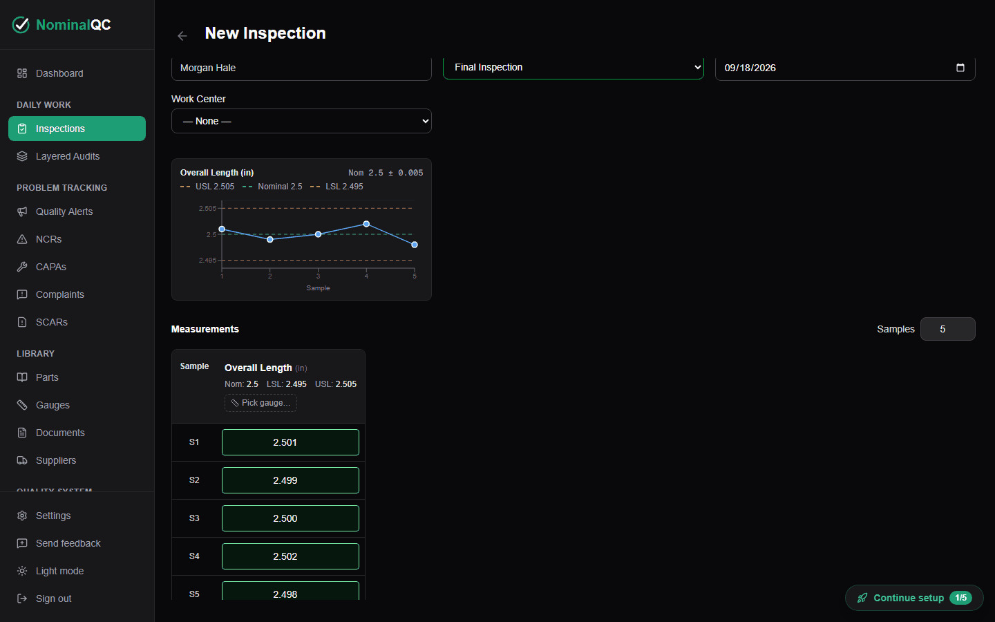 New Inspection form with five in-tolerance samples, a live trend chart, and an auto-suggested Pass result