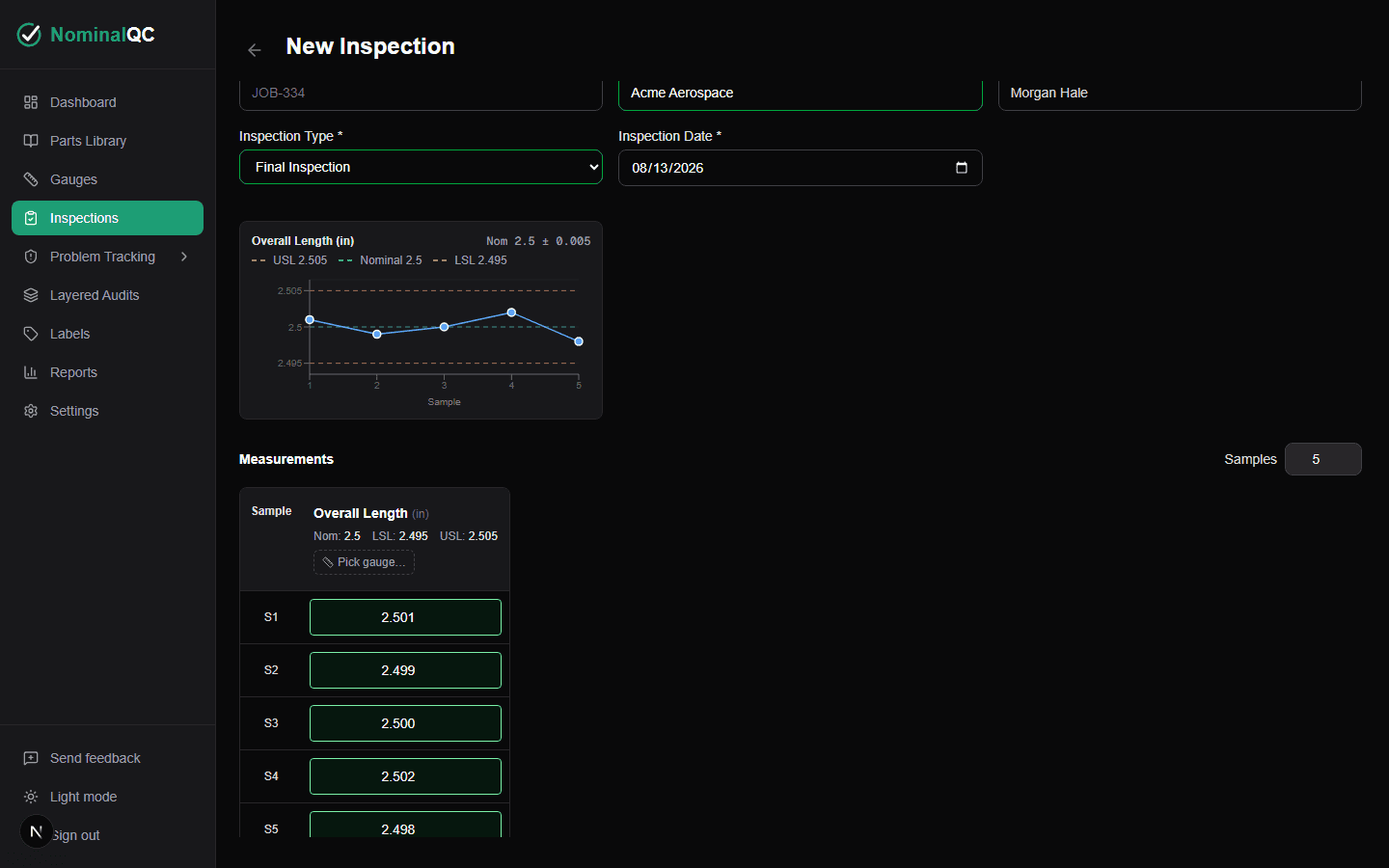 New Inspection form with five in-tolerance samples, a live trend chart, and an auto-suggested Pass result