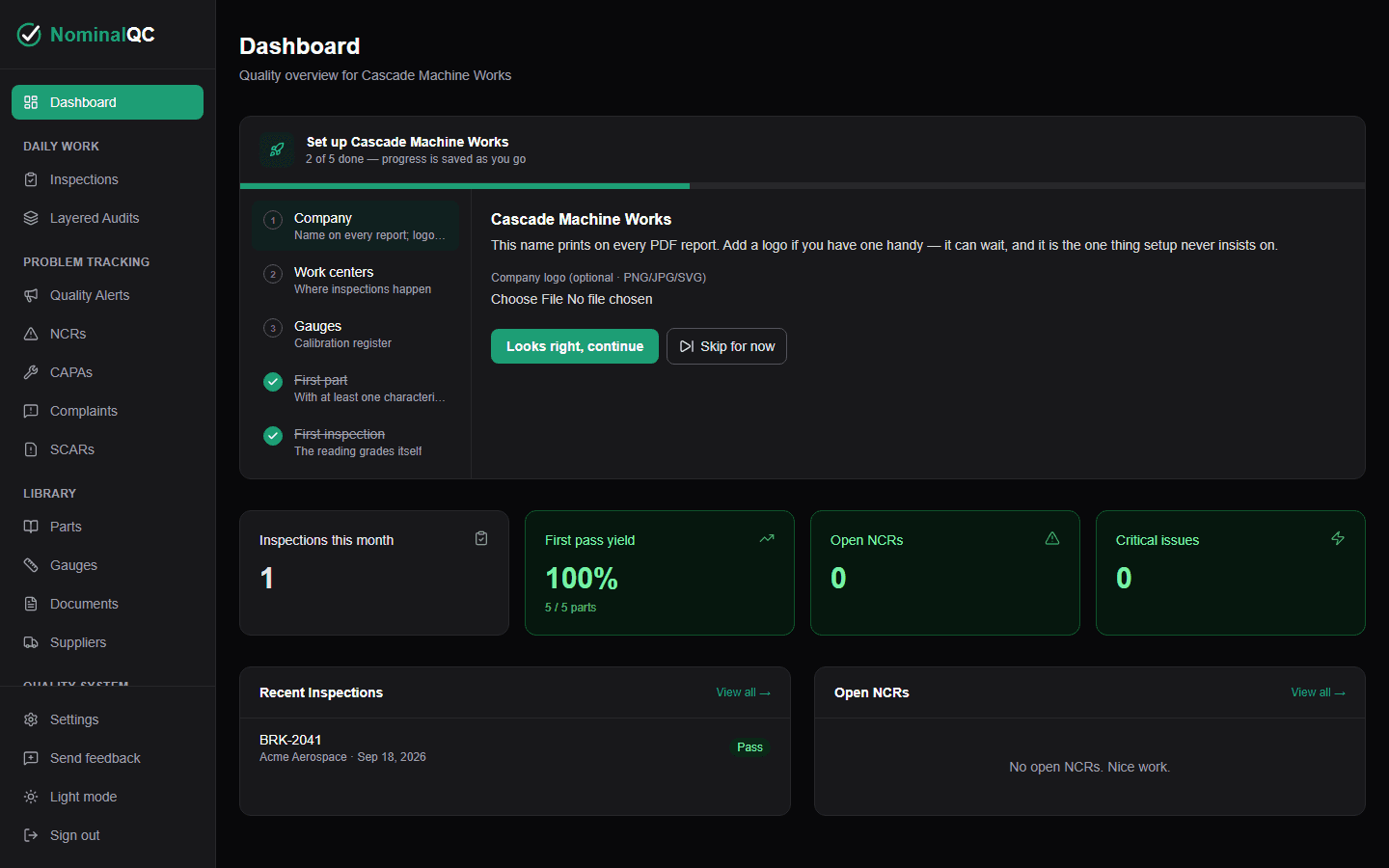 NominalQC dashboard with first pass yield at 100 percent, a passing recent inspection, and checklist progress