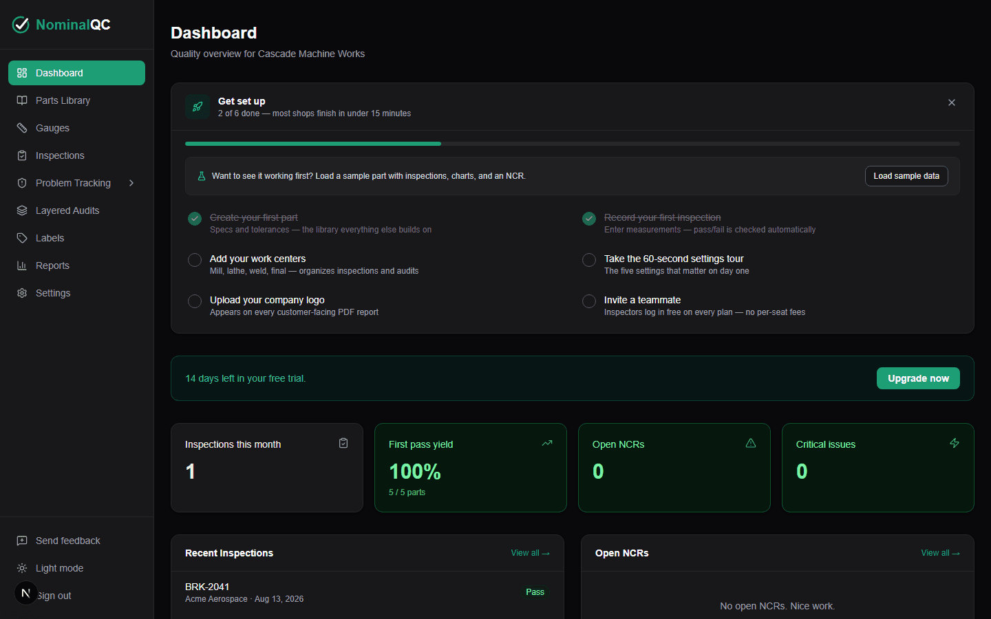 NominalQC dashboard with first pass yield at 100 percent, a passing recent inspection, and checklist progress