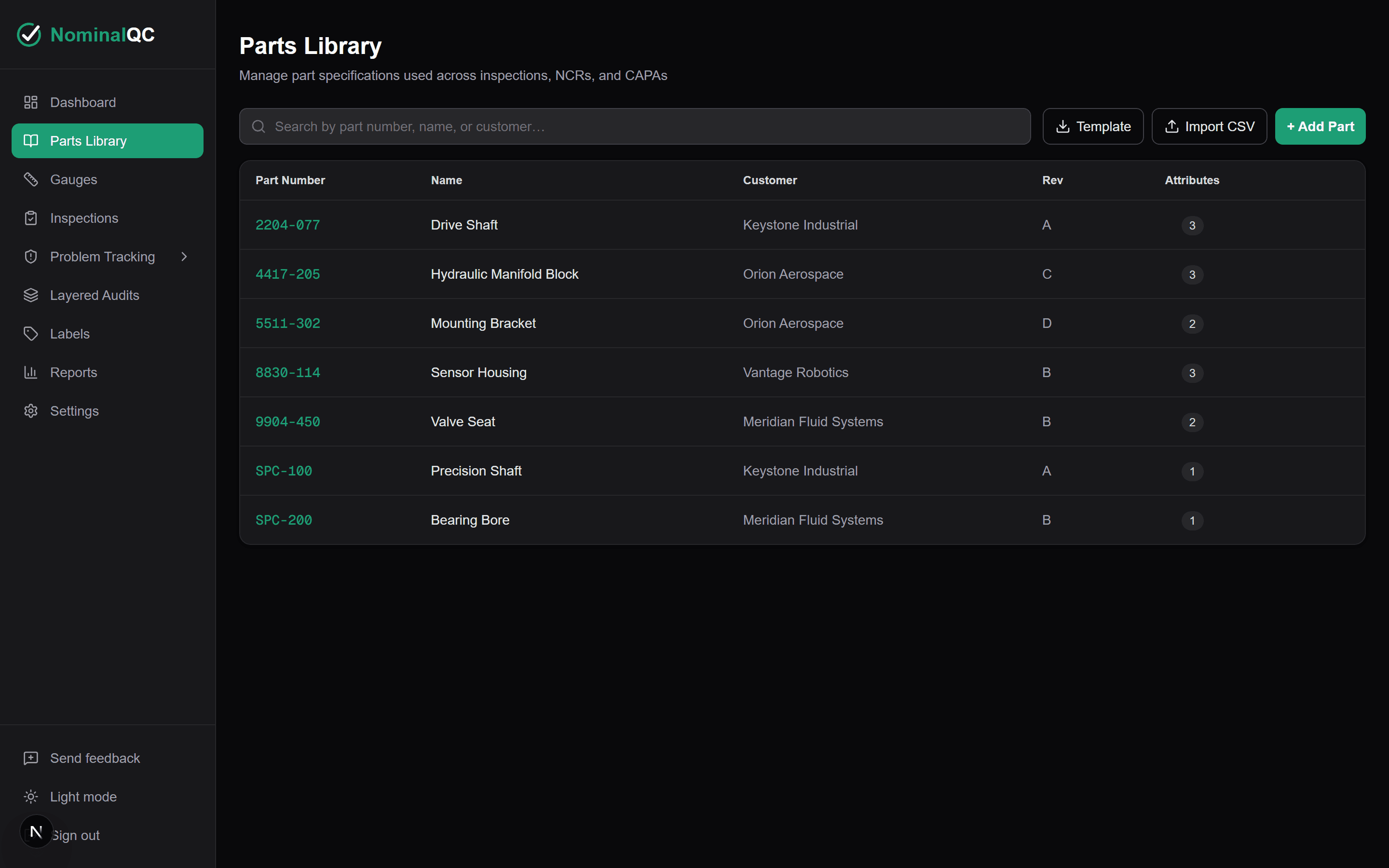 Parts Library screen listing parts with customers, revisions, and attributes