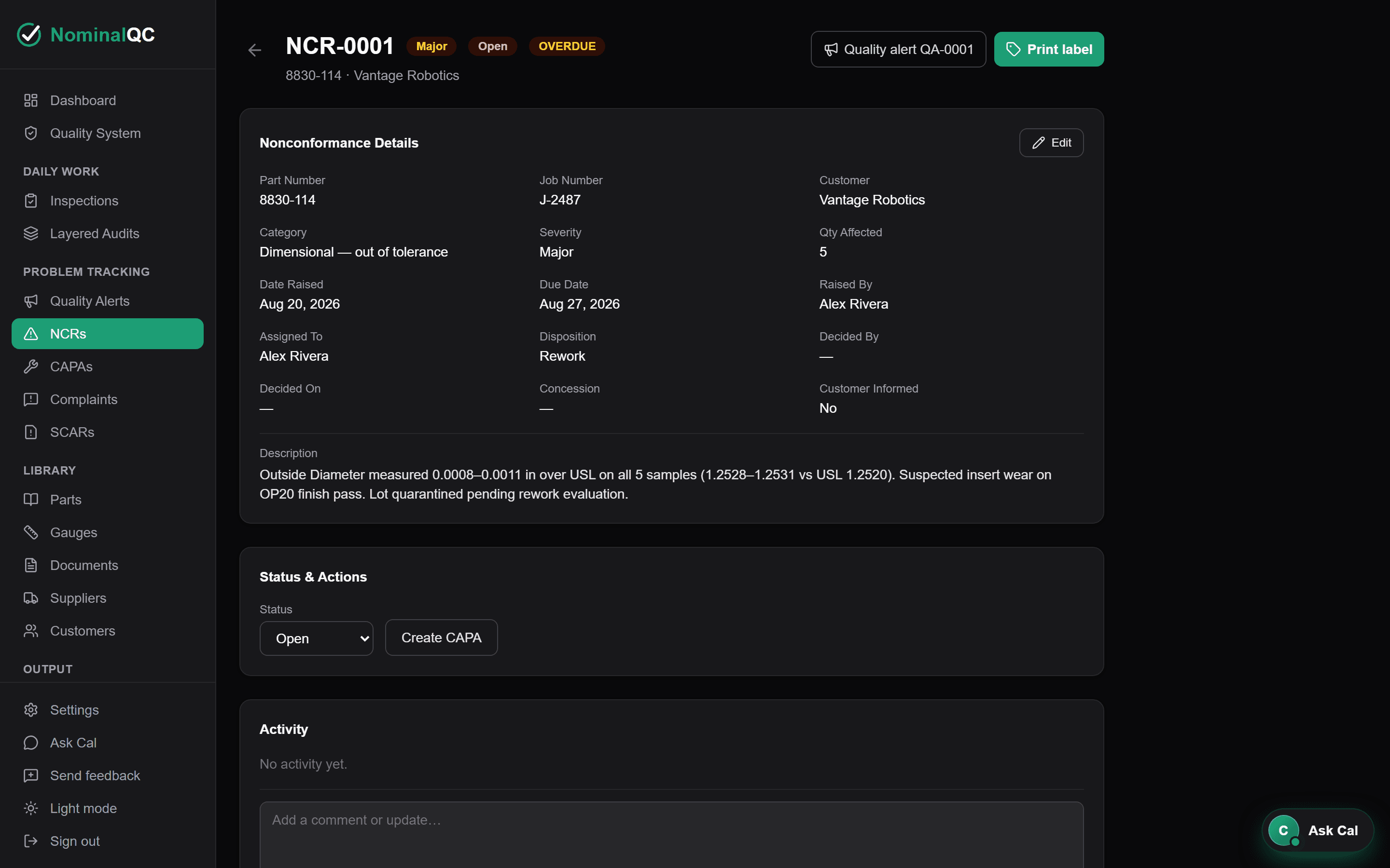 NCR detail screen with disposition, assignment, and activity log