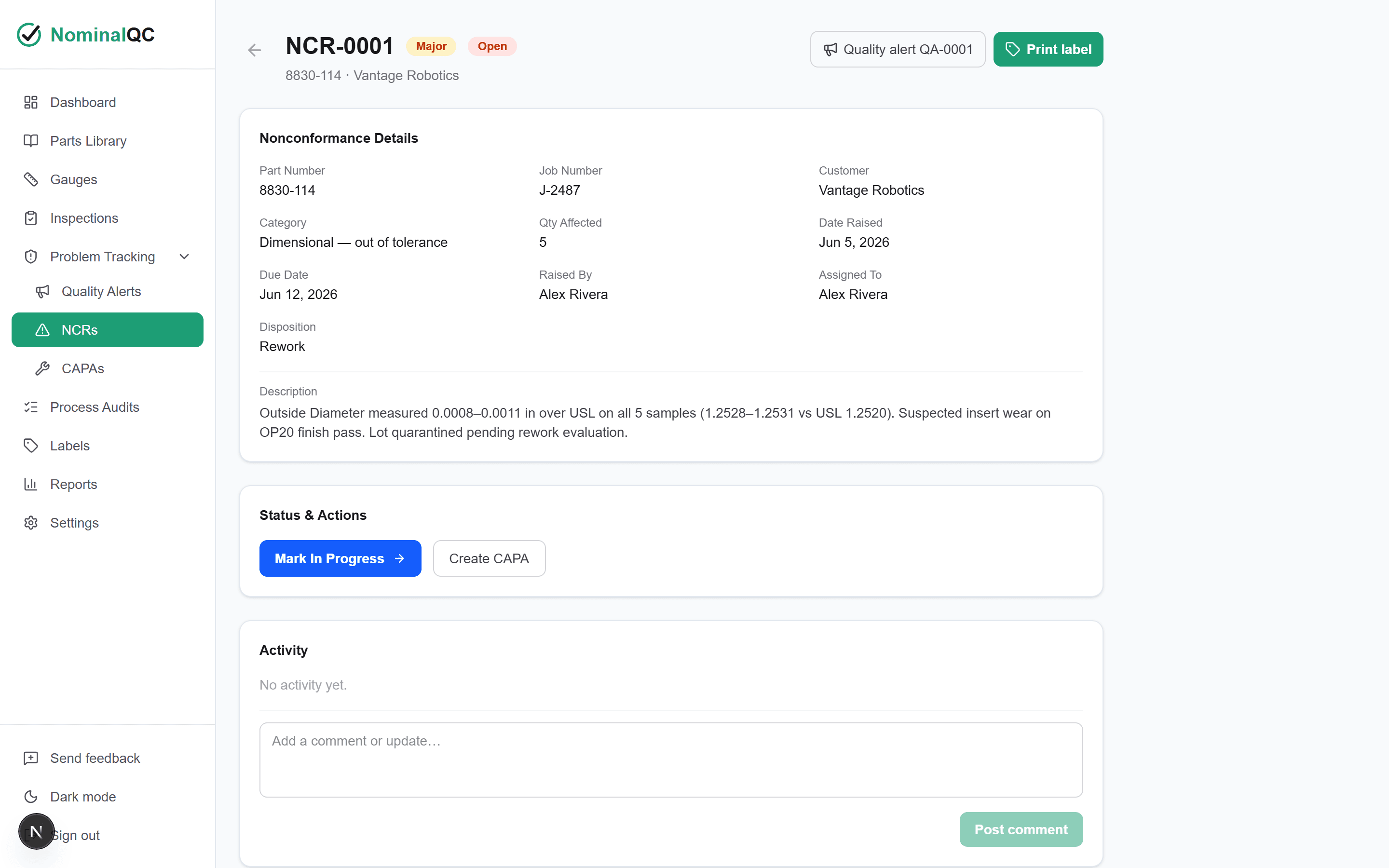 NCR detail screen with disposition, assignment, and activity log