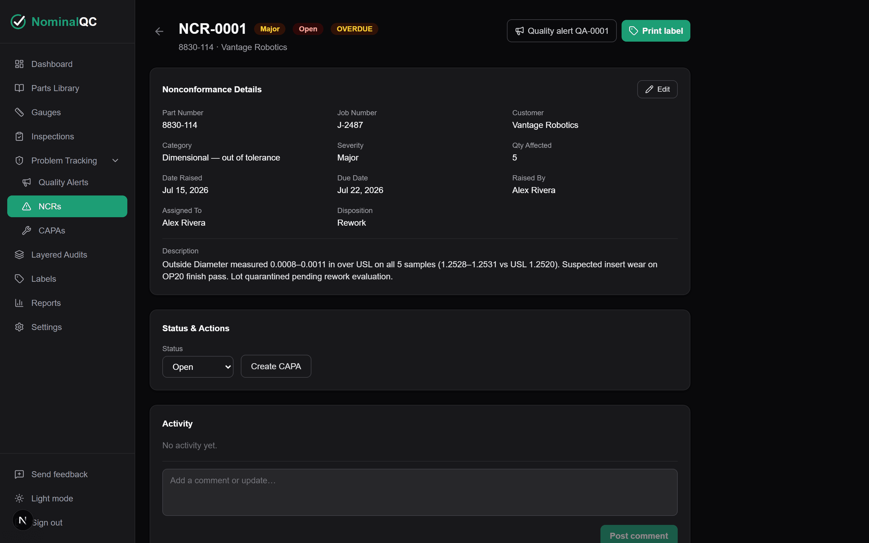 NCR detail screen with disposition, assignment, and activity log