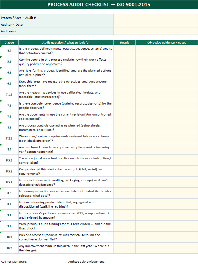 ISO 9001 internal audit checklist in Excel with clause references