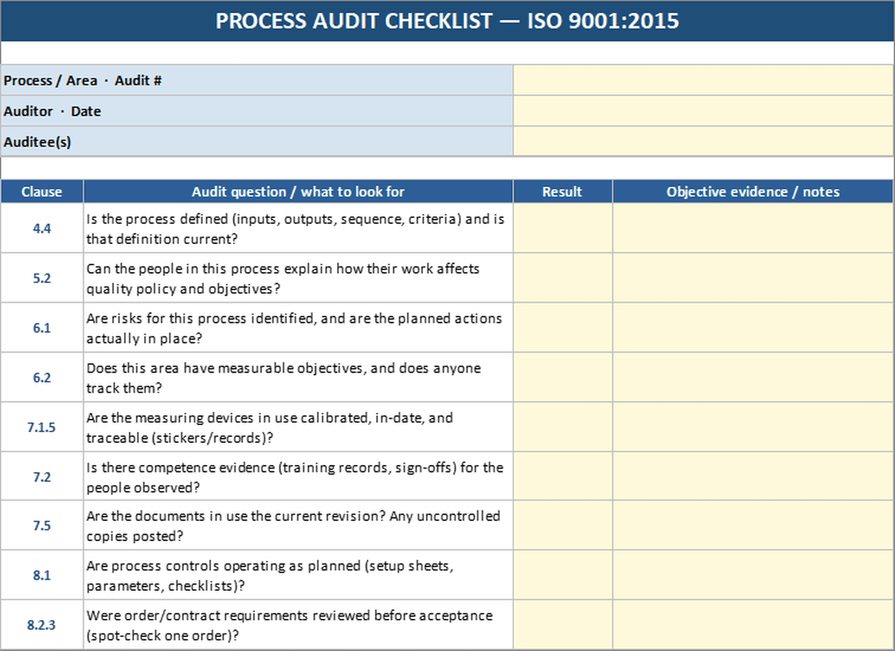 Printable ISO 9001:2015 process audit checklist in Excel with clause references, result dropdowns, and evidence column