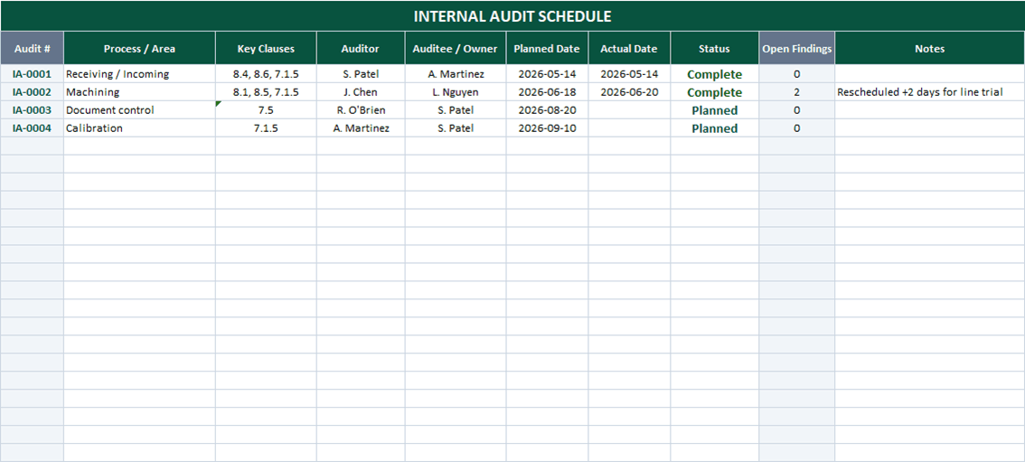 Internal audit schedule in Excel with auto-numbered audits, clause coverage, status, and live open-findings counts