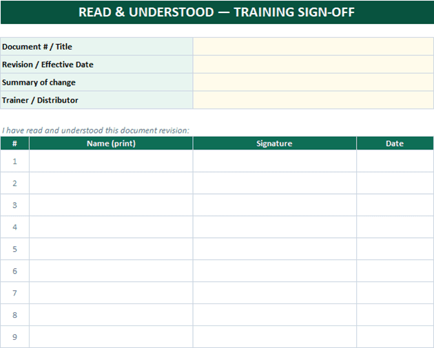 Printable read-and-understood training sign-off sheet with document header block and numbered signature rows