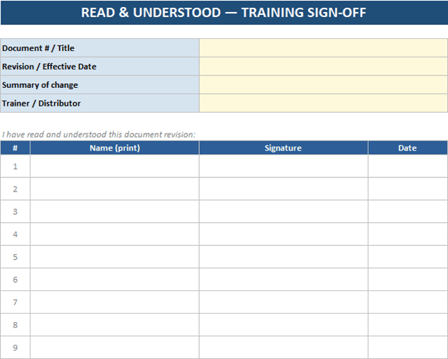 Printable read-and-understood training sign-off sheet with document header block and numbered signature rows