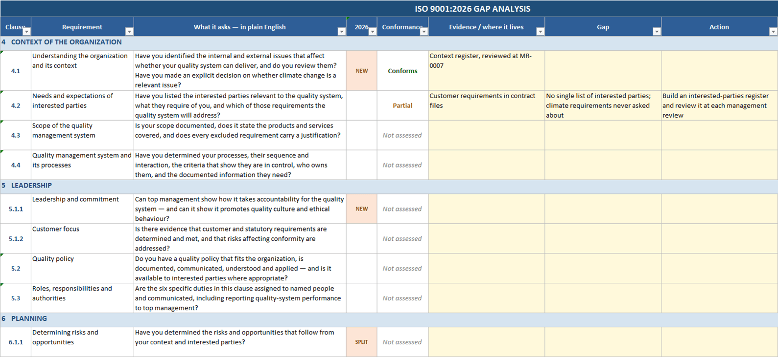 ISO 9001:2026 gap analysis in Excel: clause, requirement, plain-English question, 2026 change flag, conformance status, evidence, gap and action columns