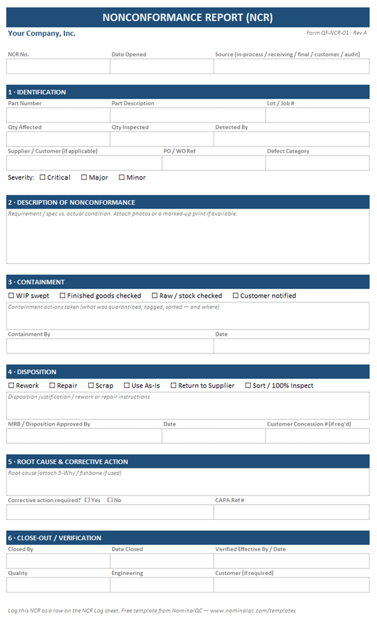 Printable one-page NCR report form with identification, containment checklist, MRB disposition sign-off, root cause with CAPA reference, and close-out verification sections