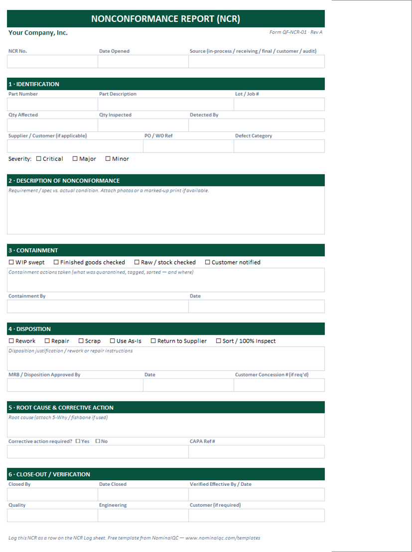 Printable one-page NCR report form with identification, containment checklist, MRB disposition sign-off, root cause with CAPA reference, and close-out verification sections