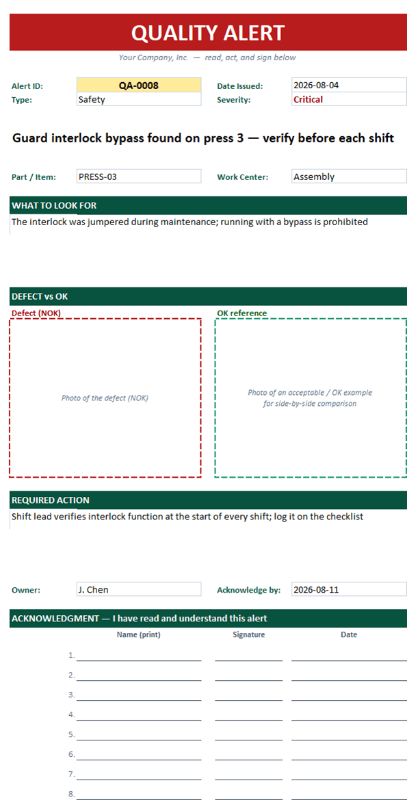 Printable one-page quality alert with severity, what to look for, defect NOK vs OK photo placeholders, and required action