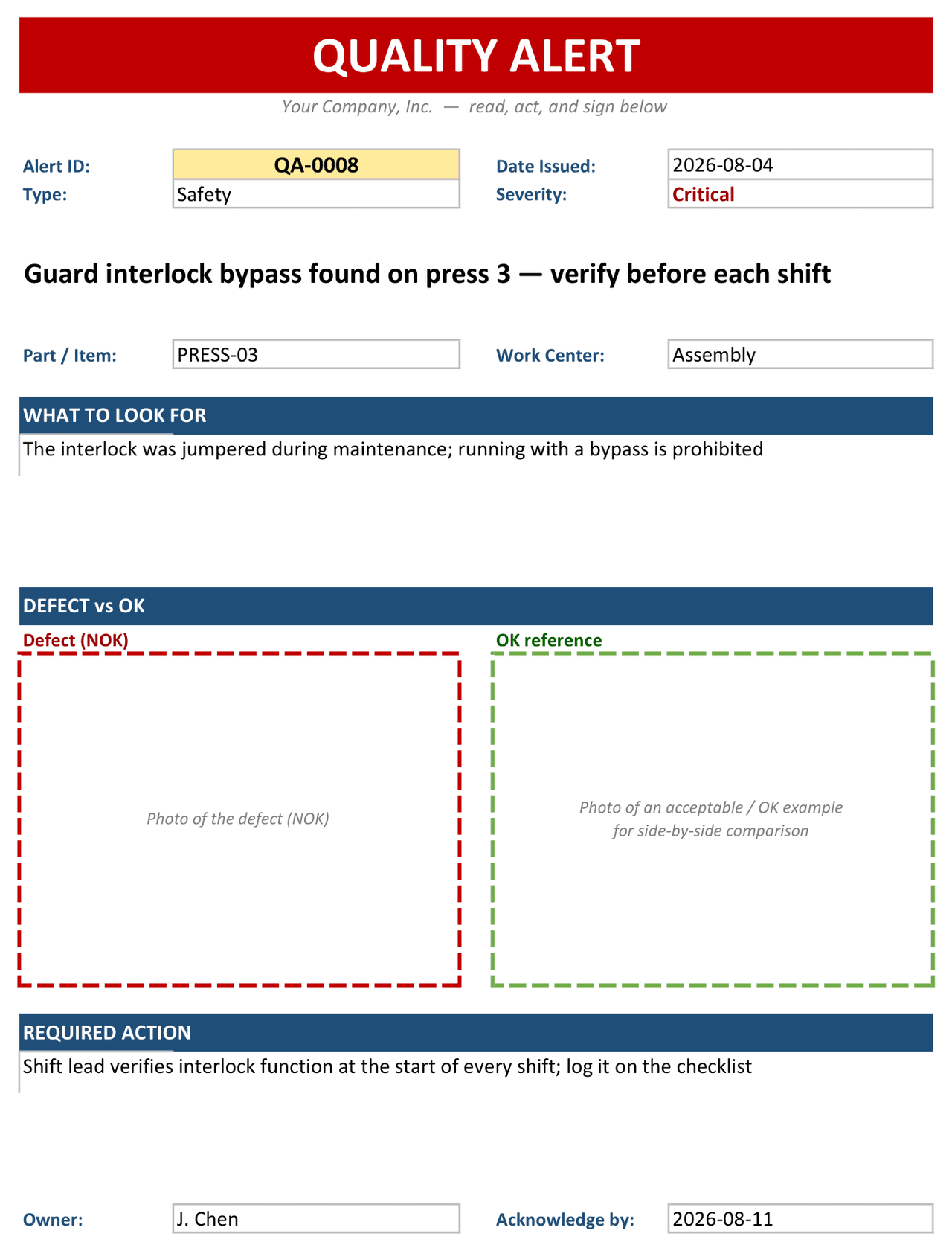 Printable one-page quality alert with severity, what to look for, defect NOK vs OK photo placeholders, and required action