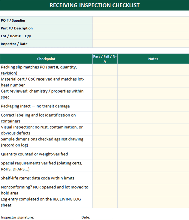 Printable receiving inspection checklist in Excel with 12 checkpoints from packing slip to log entry