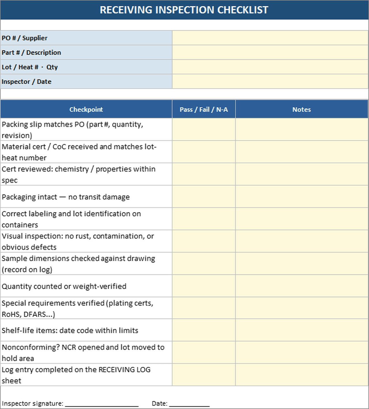 Printable receiving inspection checklist in Excel with 12 checkpoints from packing slip to log entry